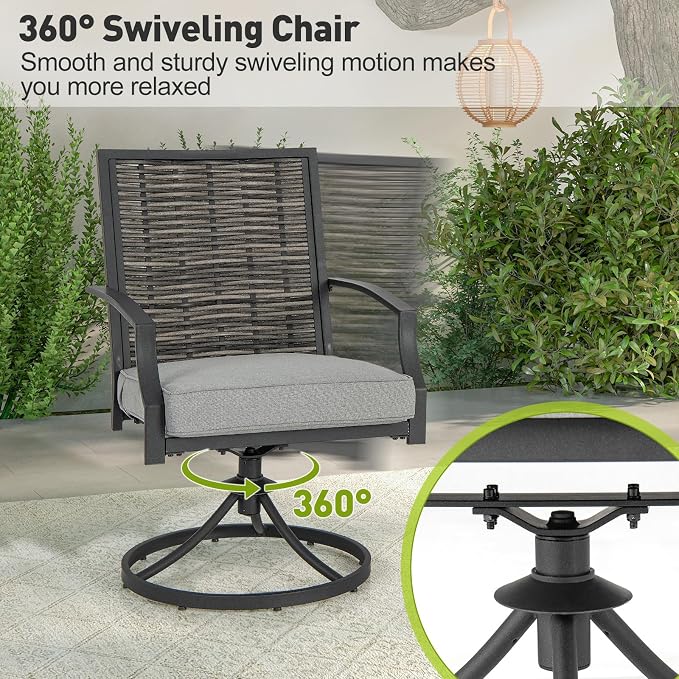 Tangkula 3 Piece Patio Swivel Chair Set, Wicker Swivel Chairs w/Coffee Table, Soft Seat Cushions, Heavy-Duty Metal Frame, 360° Swiveling Chair Set for Backyard, Balcony, Front Porch (Gray)