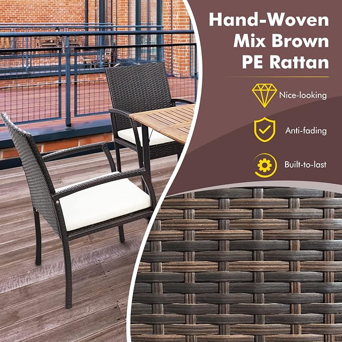 Tangkula 7 Piece Patio Rattan Dining Set, Outdoor Wicker Chair & Dining Table Set, Acacia Wood Tabletop w/Umbrella Hole, Seat Cushions Included, for Poolside, Backyard (7 PCS)