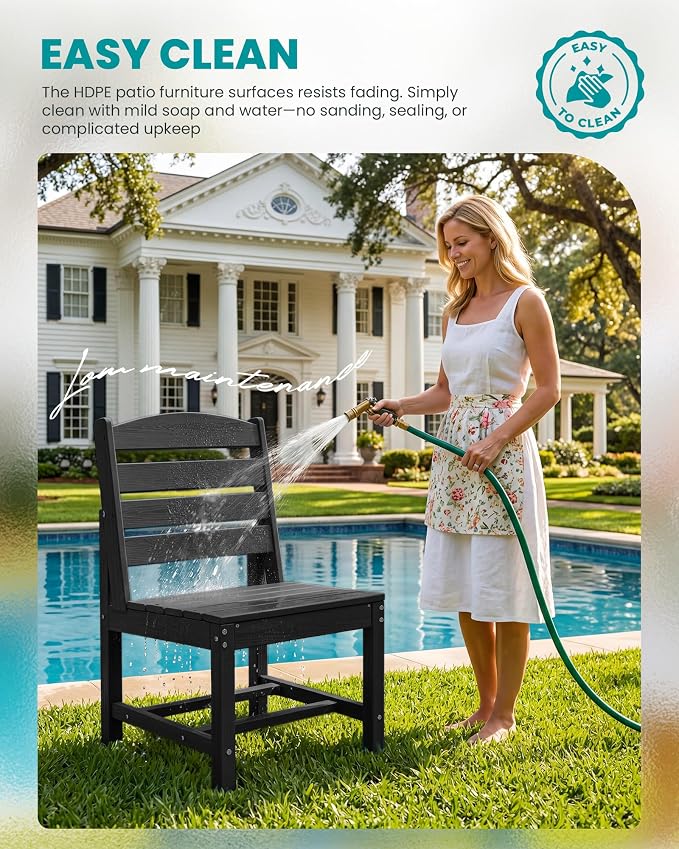 SERWALL Armless Outdoor Dining Chair Set of 2, All Weather Resistant, Black | Armless Dining Chairs built to last with 330 lb capacity. Compact 24.6"Dx19.3"Wx33.6"H. Weatherproof & easy to clean.