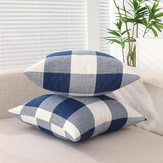 CARRIE HOME Outdoor Navy Blue and White Buffalo Plaid Throw Pillow Covers 18x18 Royal Blue Decorative Farmhouse Throw Pillows 18 x 18 for Bed Room and Couch