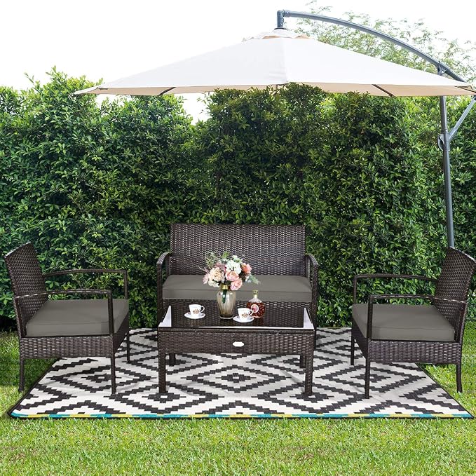 HAPPYGRILL 4-Piece Patio Furniture Set, Garden Pool Lawn Rattan Wicker Conversation Set, Loveseat Sofa Cushioned Seat & Glass Top Coffee Table