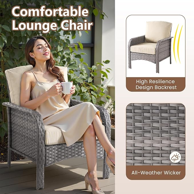 6 PCS Outdoor Patio Furniture Set with Glass Table, All-Weather Rattan Wicker Outdoor Conversation Set with Thickened Cushions for Balcony Backyard Garden Lawn,Beige