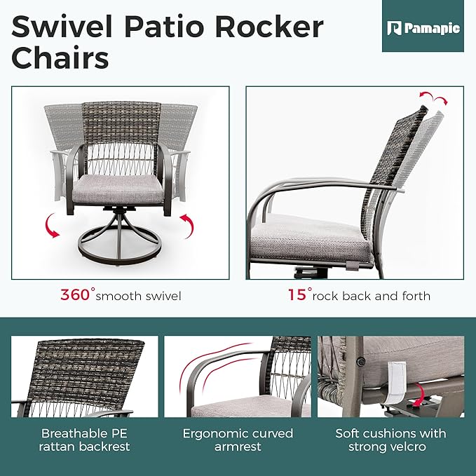 Pamapic 7-Piece Patio Dining Set for 6, Wicker Outdoor Furniture Set with 2 Swivel Rockers and 4 Chairs, Water-Resistant Cushions, Iron Table for Garden, Deck, Poolside