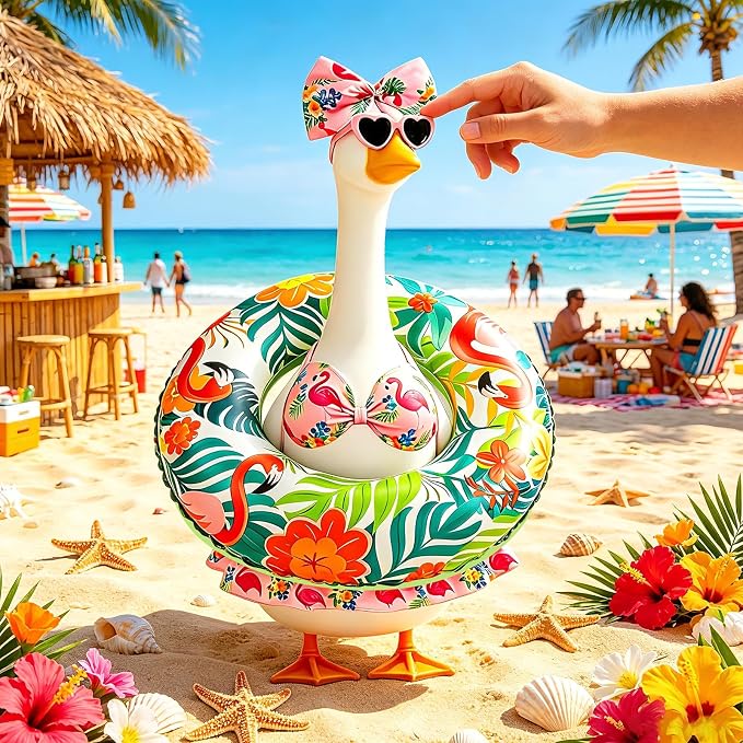 Porch Goose Summer Outfit, 23 Inch Hawaiian Bikini Costume, Accessories Include Bow, Sunglasses & Swim Ring, Fits Cement Goose Statue for Garden Patio Yard Outdoor Decor (Flamingo)