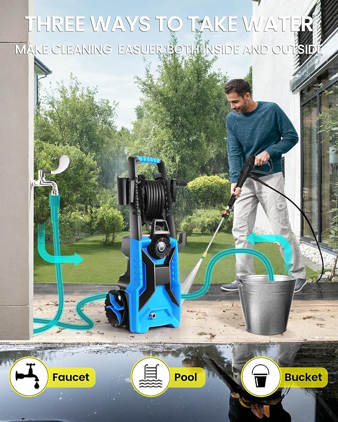 5000PSI Electric Pressure Washer, 2500-5000 PSI Adjustable Power Washer with 33ft Hose Reel, 4 Nozzles & Detergent Tank for Cars/Home/Driveways, Blue