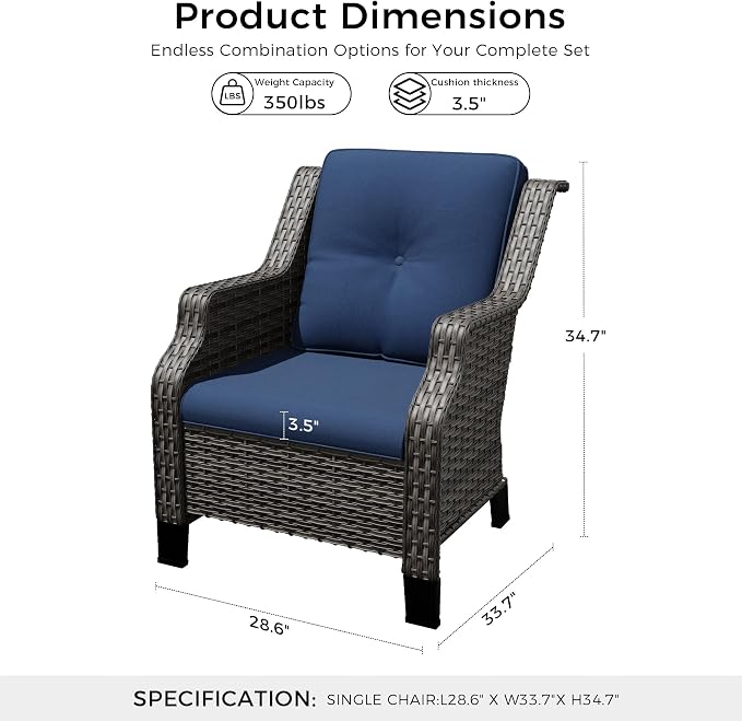 Outdoor Patio Chairs Set of 2, Wicker Patio Furniture with Thick Cushions, Curved Armrest, Deep Seating, Rattan Outdoor Chairs for Porch, Deck, Balcony