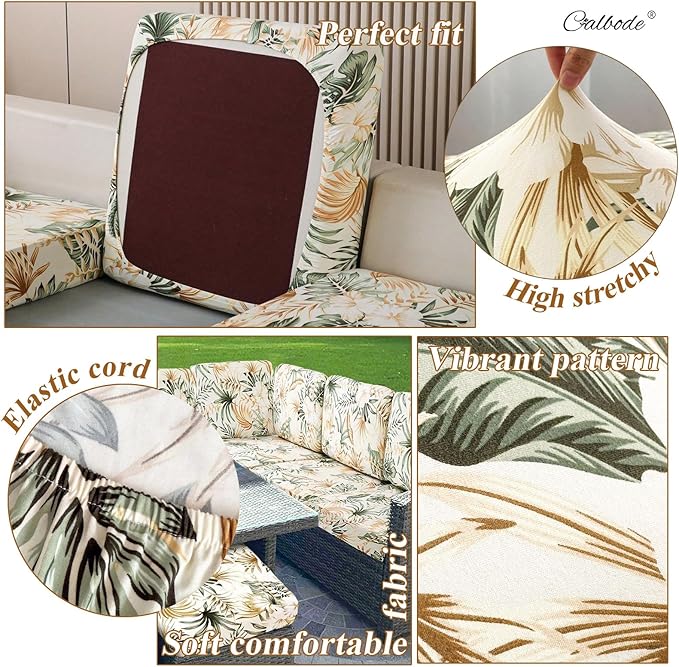 CALBODE 8Pcs Stretch Patio Cushion Cover, Tropical Floral and Leaf Pattern Sofa Covers for Patio Furniture Cushions Washable Reusable Couch Covers Replacement for All Season(Cover Only)