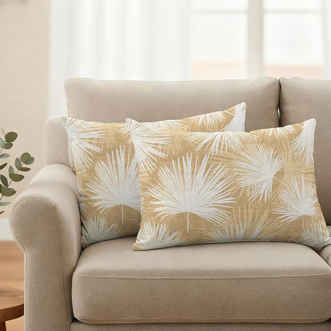Lumbar Pillow Covers 20x12 Inch Set of 2, Beige Palm Leaves Coastal Waterproof Outdoor Pillow Covers, Summer Tropical Botanical Boho Decorative Cushion Pillowcases for Couch, Sofa, Bed, Garden, Patio