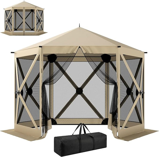 Outsunny 10 x 11 ft Pop Up Gazebo Screen Tent, Outdoor Portable Instant Camping Canopy Screen House Sun Shelter with Mesh Nettings, Carry Bag, Ground Stakes, Ropes for Patio, Backyard, Beige