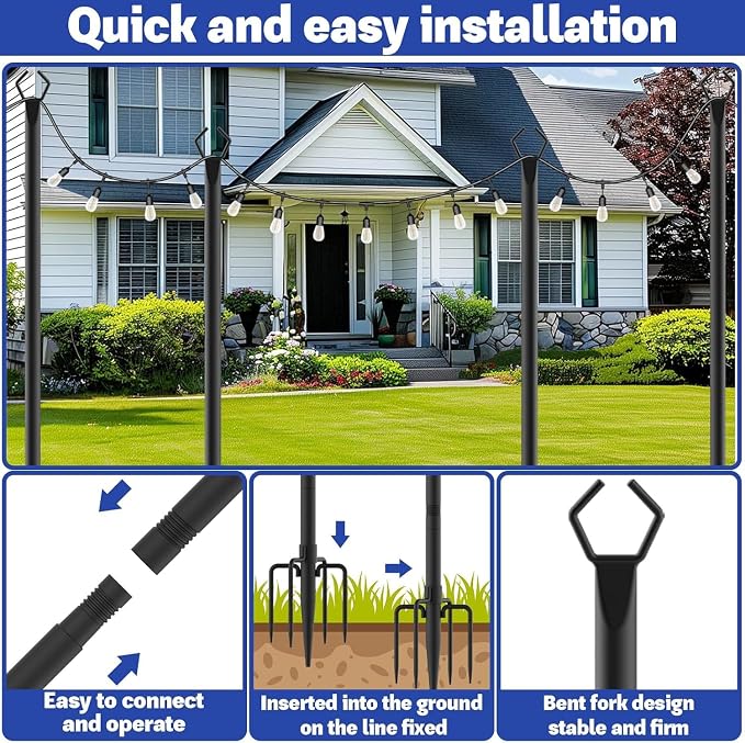 2 Pack 10 ft Heavy Duty Metal String Light Poles Adjustable Outdoor Lighting Stand for Patio,Backyard,Garden,Party & Wedding Rustproof & Sturdy with Hooks