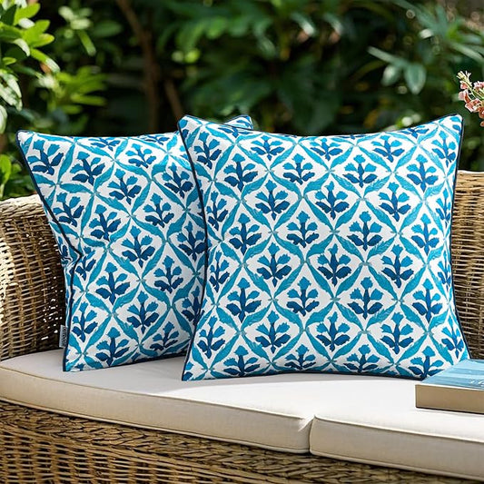 MIULEE Outdoor Floral Pillow Covers Waterproof 20x20 Navy Blue | Decorative Block Print,Boho Farmhouse, Set of 2 Coastal Summer Cushion Covers with Piping,Garden Patio Furniture Porch Couch