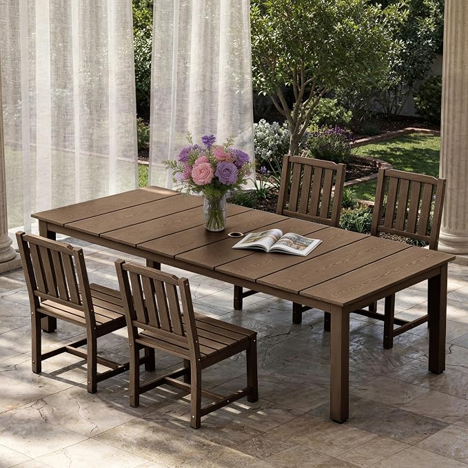 AreShark 7-Piece Outdoor Dining Set,HDPE Patio Table with 6 Armless Chairs,All-Weather Patio Furniture Set with Umbrella Hole,Low Maintenance Wood Grain Dining Set for Backyard,Garden,Poolside,Black