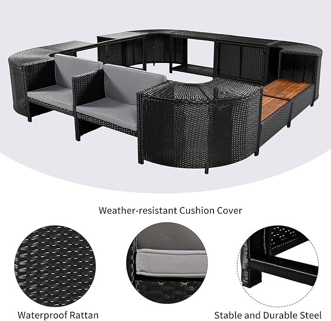 LUMISOL Patio Furniture Set, Spa Surround Outdoor Rattan Sofa Set with Wooden Seats and Storage Spaces, Quadrilateral Patio Sofa Set with Spa Surround Tub Frame for Patio, Backyard, Grey