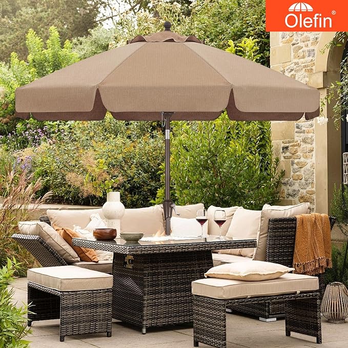 MASTERCANOPY 9ft Olefin Valance Patio Umbrella with Tilt Crank, 5-Year-Non-Fading Canopy & 8 Fiberglass Ribs for Deck, Patio, and Garden, Medium Grey