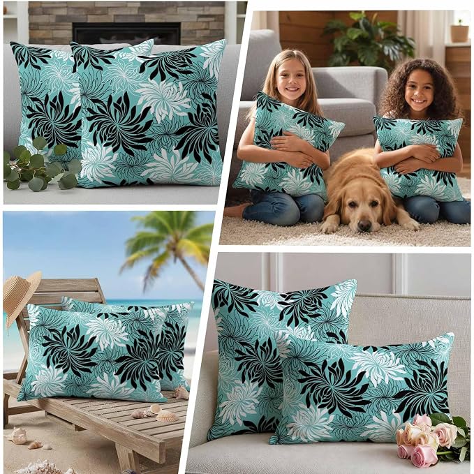 Yukro Teal Black Floral Outdoor Waterproof Pillow Covers Pack of 2, Vintage Teal White Black Flower Decorative Throw Pillowcases Cushion Covers for Garden Patio Tent Sofa Couch, 18x18 inch