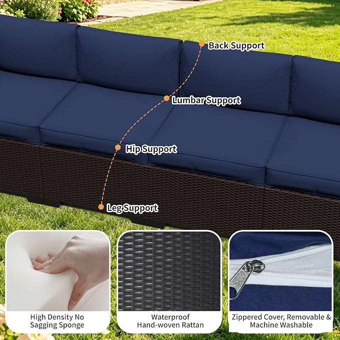 Patio Conversation Sets (Black Brown Rattan & Navy Blue Cushions, 5 Pieces)