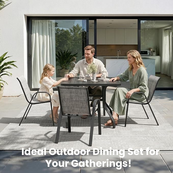 Soohow 5-Piece Outdoor Dining Set, Outdoor Patio Table and Chairs Set, 4 x Stackable Chairs & 1 x Outdoor Table with Umbrella Hole, All-Weather Patio Dining Sets for Poolside, Backyard and Porch