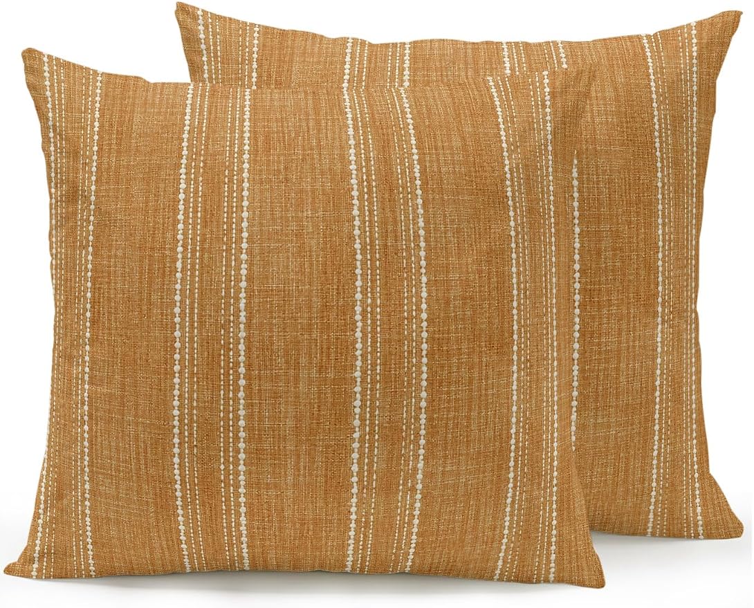 Waterproof Outdoor Pillow Set of 2 Orange Linen Stripes Decorative Throw Pillows Cover & Insert 16x16 Inch Pillowcase Parallel Vertical Lines Pillows for Couch Sofa Bed Patio Furniture Indoor Outdoor
