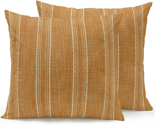 Waterproof Outdoor Pillow Set of 2 Orange Linen Stripes Decorative Throw Pillows Cover & Insert 16x16 Inch Pillowcase Parallel Vertical Lines Pillows for Couch Sofa Bed Patio Furniture Indoor Outdoor