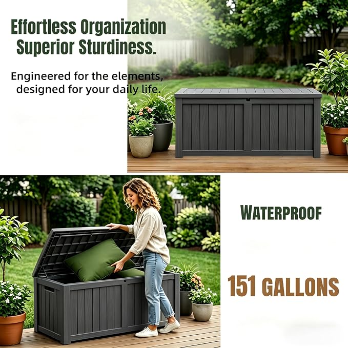 MAKINO 151 Gallon Large Resin Outdoor Storage Box, Waterproof Deck Box, Lockable Deck Container with Reinforced Support, Outdoor Chest for Patio Accessories, Outdoor Cushions, Garden Tools, Black