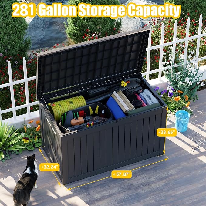 281 Gallon Outdoor Storage Box Waterproof, Large Resin Patio Deck Boxes, Lockable Outdoor Storage Container for Patio Furniture, Garden, and Pool Tools (281 Gallon, Black)
