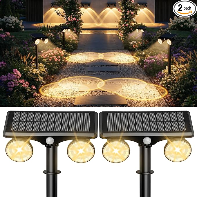 Solar Lights Outdoor Waterproof, Dual Heads Adjustable Solar Spot Lights Outdoor, 2-in-1 Motion Sensor Solar Powered Spotlight Landscape Lighting for Garden, Yard, Pathway- 2 Pack (Warm Light)