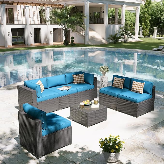 Aoxun Patio Furniture Set, 7 Piece Outdoor Sectional Sofas with Waterprool Cover, Wicker Rattan Outdoor Furniture Patio Conversation Set for Backyard, Garden Peacock Blue