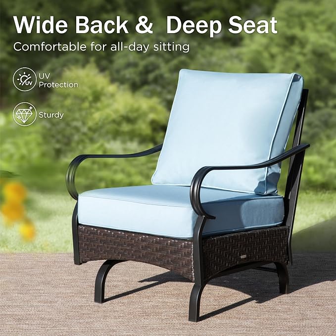 Patio Furniture Set with 32" Fire Pit Table, Patio Conversation Sets 4 Rocking Chairs with Thick Cushion and 50000 BTU Fire Pit Table (5 Pieces,Blue