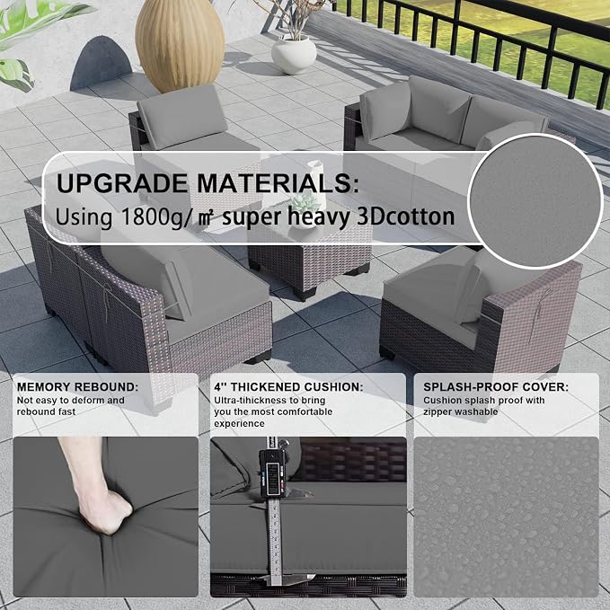 Kullavik 10PCS Outdoor Patio Furniture Set,PE Wicker Rattan Sectional Sofa Patio Conversation Sets with Tempered Glass Table,Swivel Rocking Chairs Set,Grey
