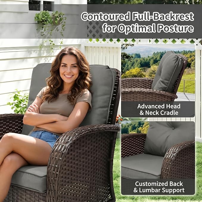 SHGJ&SOFT 3 Piece Patio Furniture Set, 2 Outdoor Swivel Rocking Chairs with Side Table, Wicker Glider Chairs, All-Weather Rattan Bistro Set for Porch, Deck, Pool (Grey, Brown Full-Weave Rattan)