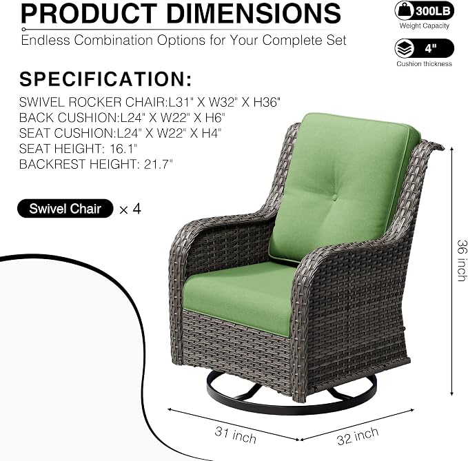 Joyside 4 Piece Outdoor Swivel Rocker Patio Chairs, Wicker Patio Furniture with High Back, Deep Seating, Wide Armrest, Thickened Cushions, Outdoor Rattan Furniture for Deck, Porch Use