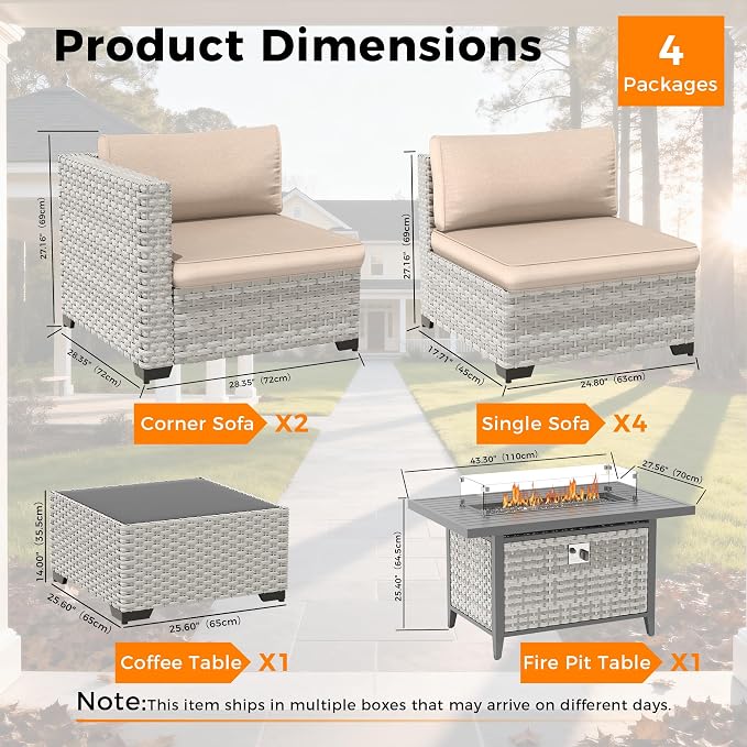 6-Seat Modern Outdoor Wicker Rattan Patio Furniture Set with 55,000 BTU Fire Pit Table, Thick 4″ Cushions, All-Weather Dual-Strand Rattan, Rust-Resistant Steel Frame,Beige