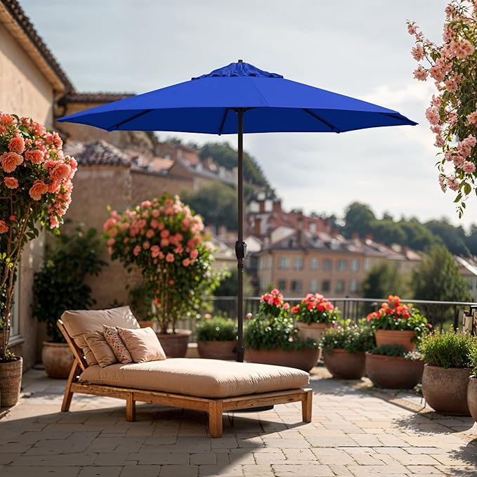California Umbrella 12-Year Protection 9-Ft Outdoor Patio Umbrella, Sunbrella Fade-Resistant Fabric, Auto-Tilt, Heavy Duty Aluminum Frame, 8 Reinforced Ribs for Pool or Deck, Bronze Pole, Pacific Blue
