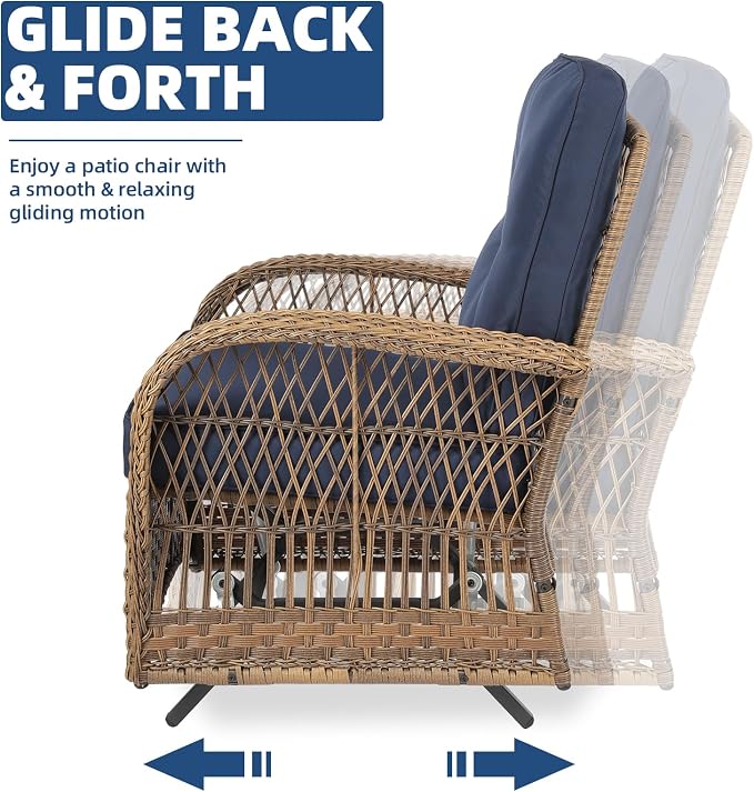 Outdoor Wicker Glider Rocker Chair, Patio Rattan Gliding Rocking Chairs Set of 2 with Thickened Cushions, All-Weather Wicker Furniture Sets for Porch Garden & Backyard, Navy Blue