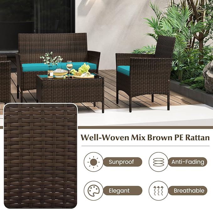 Tangkula 8 Piece Patio Rattan Conversation Set, Outdoor Wicker Furniture Set with Chair, Loveseat & Tempered Glass Table, Cozy Seat Cushions, Outside Sectional Sofa Set for Backyard (2,Turquoise)