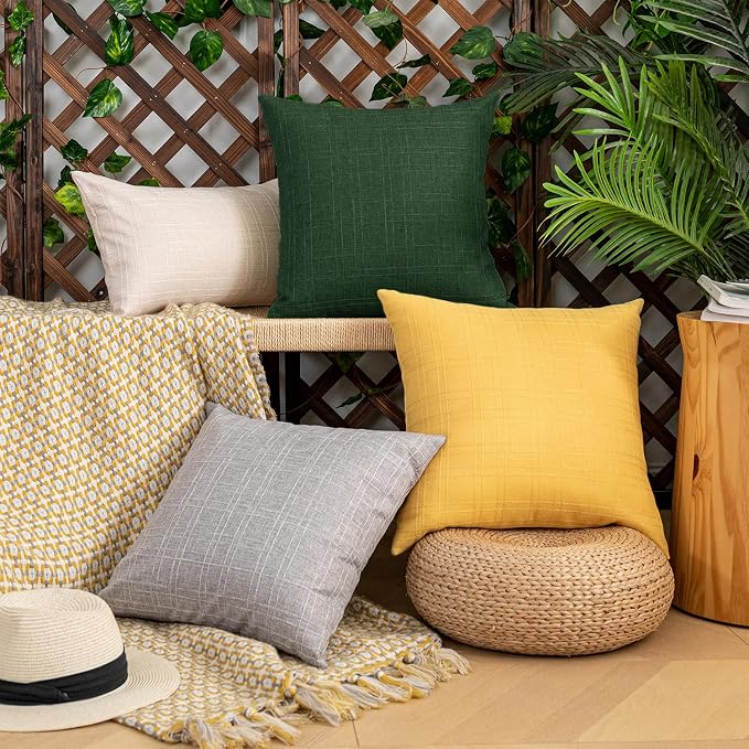 Kevin Textile Outdoor Waterproof 22”x22” Pillow Covers 2 Pack, Army Green | Water Resistant, Soft Faux Linen-cotton Yarn-dyed Woven Texture Throw Pillow Covers for Tent Patio Garden Couch Sofa