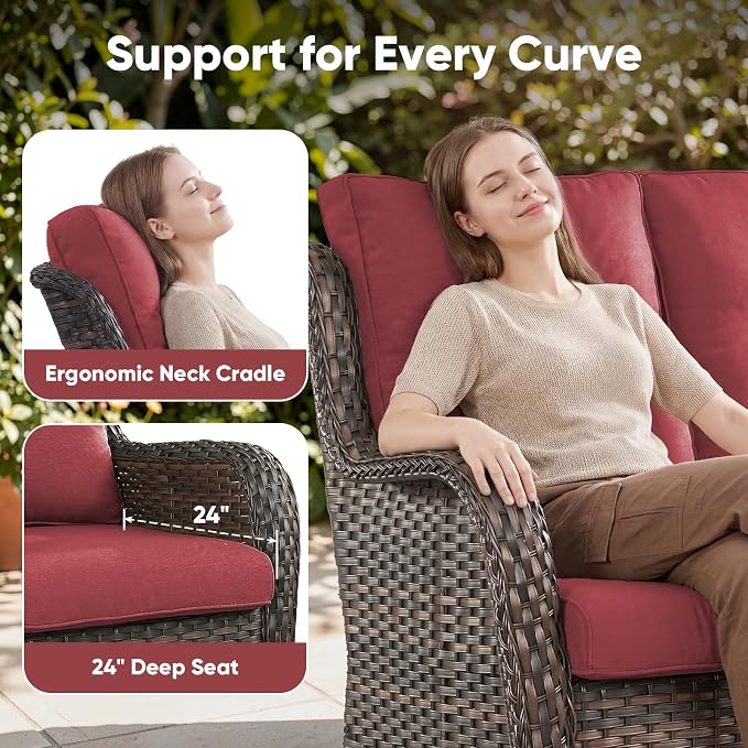 Belord 3-Piece PE Wicker Outdoor Sofa with 2 Ottomans, Luxury Patio Couch Convertible to Chaise Lounge, All-Weather High Back Deep Seat Woven Furniture for Deck, Porch - Brown/Red