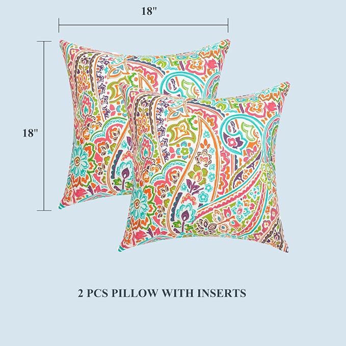 Outdoor Throw Pillows with Insert 18x18 Inch Pack of 2-Melora Paisley | Decorative Throw Pillows with Inserts, Water-Repellent, Square Pillows for Bed, Couch, Sofa and Patio Furniture
