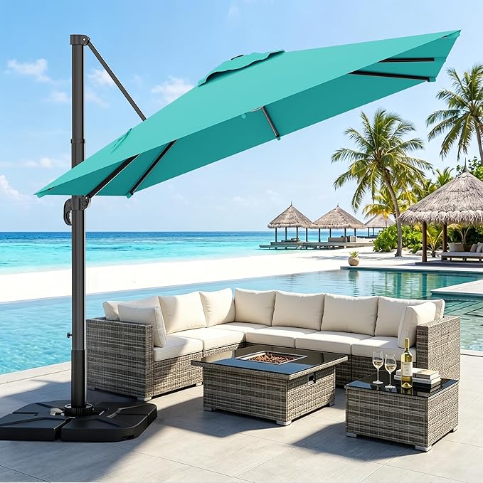 AreShark 8 X 8 FT Cantilever Patio Umbrella, 360-Degree Rotation Round Hanging Offset Umbrella with Crank, Heavy Duty Patio Umbrella for Patio, Pool, Garden, Deck, Peacock Blue