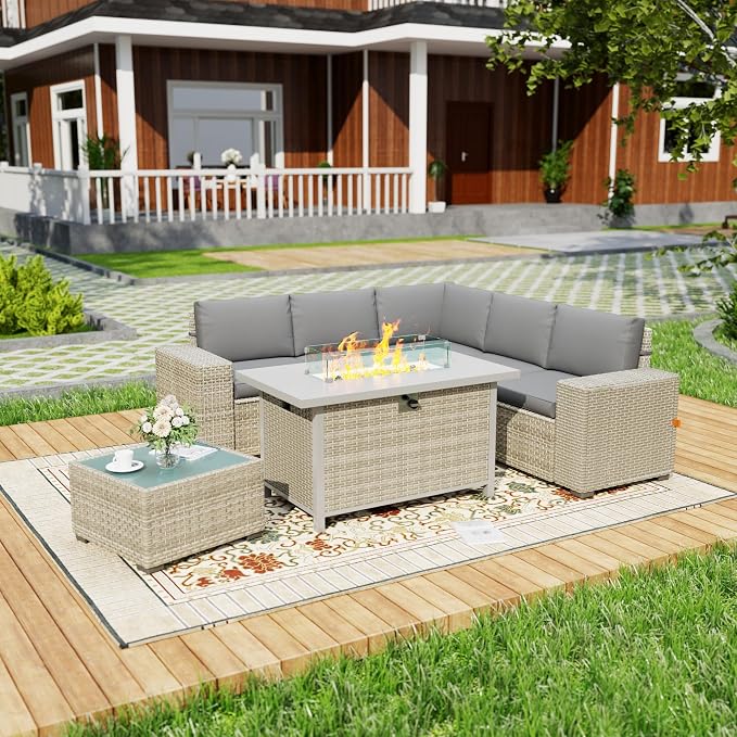 7 Piece Patio Furniture Set, 8" Wide Arm Sectional Sofa Set with 50000 BTU Propane Fire Pit Table & Coffee Table, Rattan Outdoor Conversation Set for Garden, Porch, Lawn, Gray