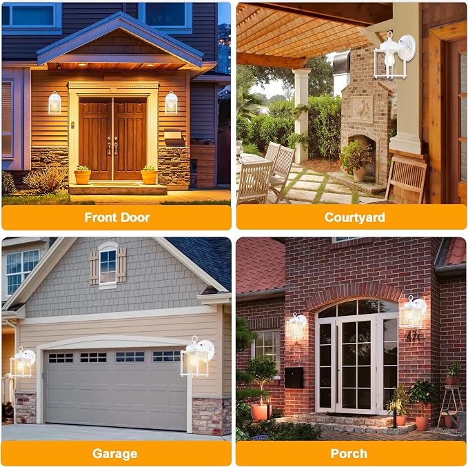 Outdoor Wall Light, Porch Lamp, Dusk to Dawn, White | Exterior Wall Sconce Fixture for House, Garage, Patio, Rustproof Waterproof, Metal Housing with Glass, E26 Base, 2 Pack