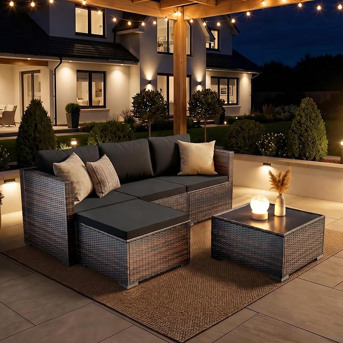Patio Furniture Set - All-Weather -5 Piece Outdoor Patio Conversation Couch Sets, Modular Wicker Rattan Sectional Sofa for Garden, Patio, Poolside, Backyard, Balcony, Porch,Medium Gray