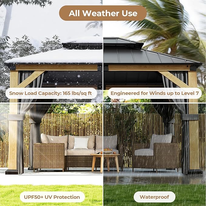 Jocoevol 10' X 12' Wood Gazebo Hardtop Outdoor Permanent Pavilion with Double Galvanized Steel Roof, Curtains and Netting, Snow Support, Wind Resistance, for Backyard Garden, Lawns, Patio