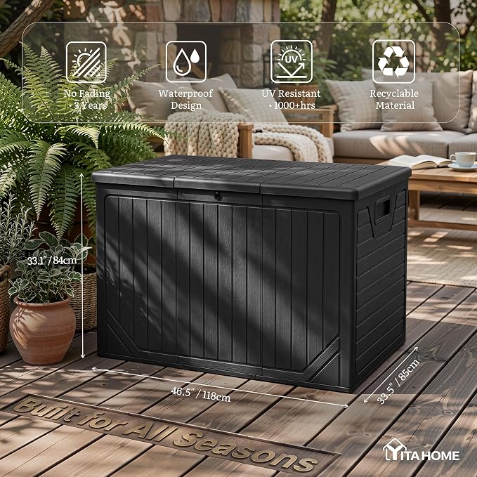 YITAHOME 230 Gallon Extra Large Outdoor Storage Box, Waterproof Double-Wall Deck Box with Hydraulic Piston for Garden Tools, Pool Accessories & Cushions, Resin Deck Organizer with Bench Seat(Black)