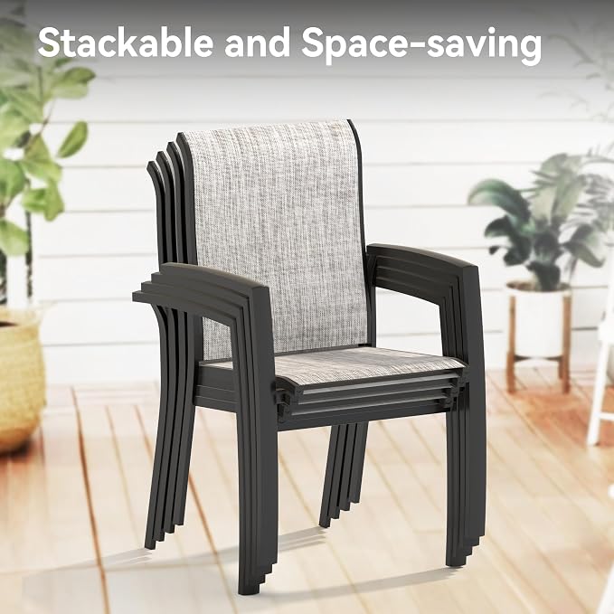 LUMISOL 7-Piece Outdoor Patio Dining Set, Patio Furniture Set with 4 Patio Stackable Dining Chairs and 40.6” Outdoor Metal Round Table, Black+Grey