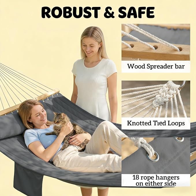 Double Hammock Outdoor Patio Garden Spreader Bars Gray | Quilted Polyester Extra Wide 2 Person Hammock Beechwood Spreader Bars Detachable Pillow Pocket and Hanging Kit Included
