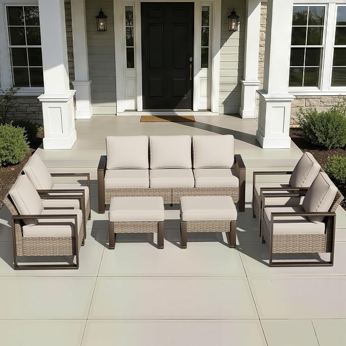 Joyside Outdoor Patio Chairs, 7 Pieces Wicker Rattan Furniture Set, 4 Patio Chairs, 1 Sofa and 2 Ottoman, Metal Wide Armrest, Thick Cushions and Deep Seating for Garden, Backyard, Porch, Deck