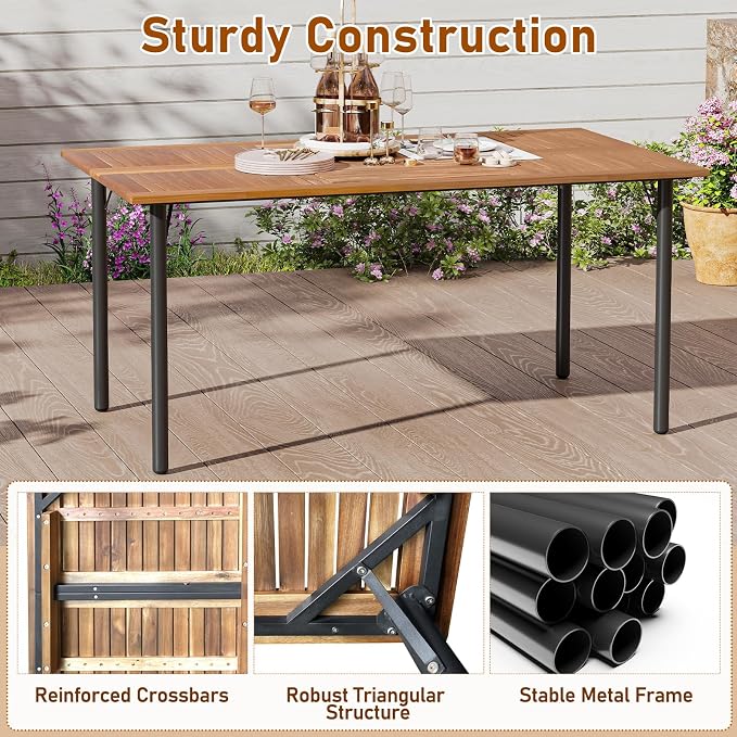 Tangkula 7 Pieces Outdoor Dining Set, Patio Acacia Wood Table and PE Rattan Chairs with Soft Cushions and 2” Umbrella Hole for Deck, Garden and Backyard