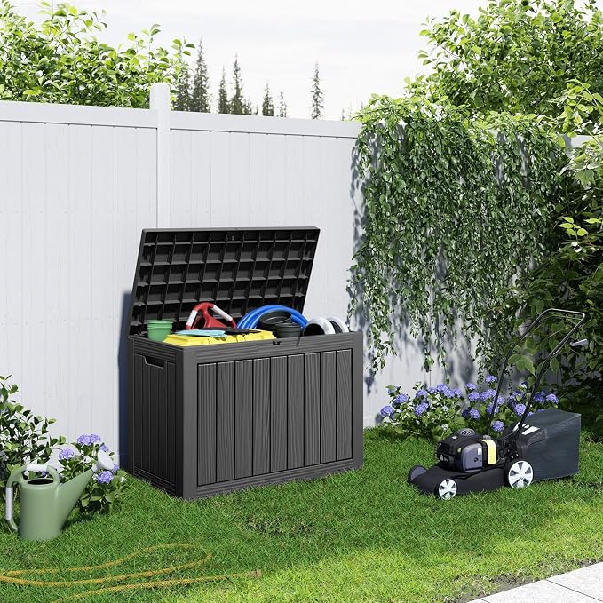 46 Gallon Waterproof Resin Outdoor Storage Box, Multifunctional Patio Deck Box, Weatherproof Outdoor Bin for Garden, Pool, Backyard & Porch Furniture Tools (Black, 46 Gallon)