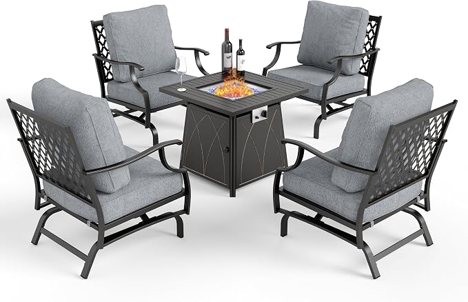 MIXPATIO Patio Furniture Set with Fire Pit Table, 5 Pcs Metal Outdoor Conversation Set, 4 Rocking Chairs with 5.75" Extra Thick Cushion and 28" Fire Pit Table for Backyard Deck, Grey